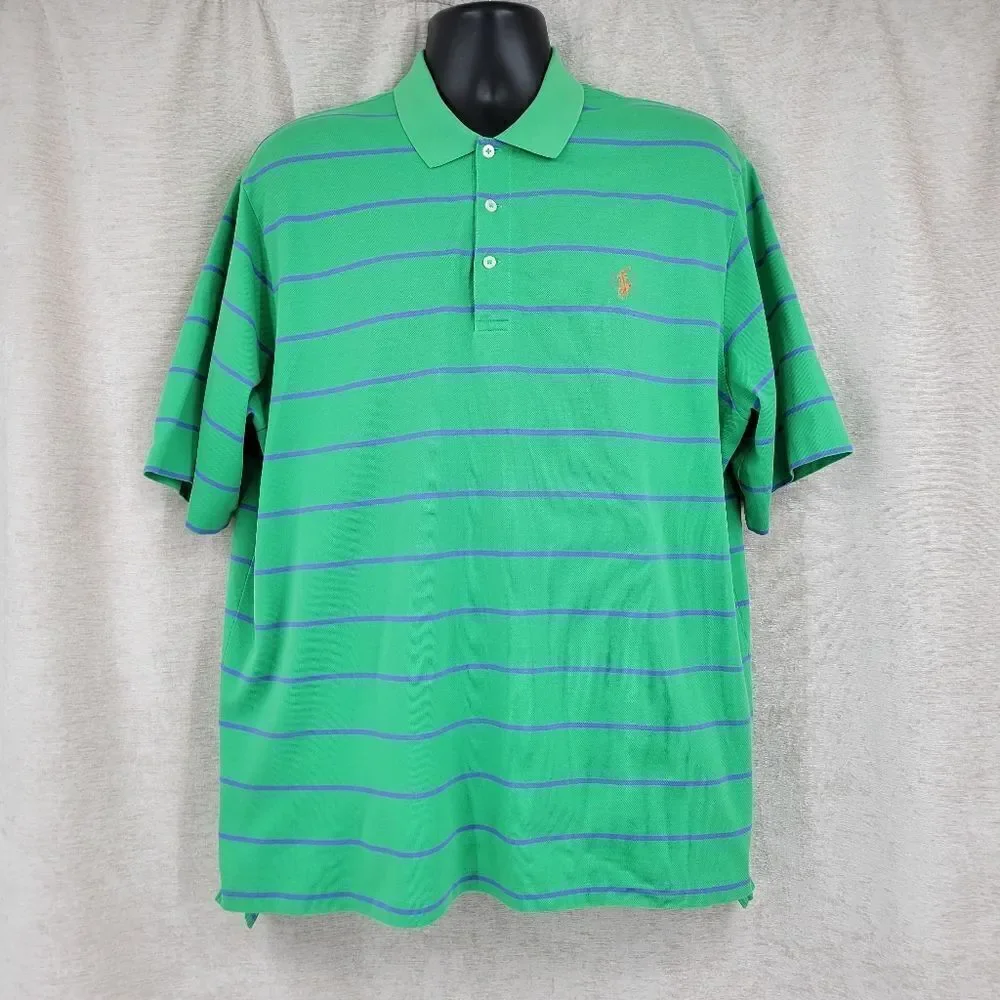 Polo Ralph Lauren Golf Green Blue Stripes Polo Shirt Short Sleeves Men's Large